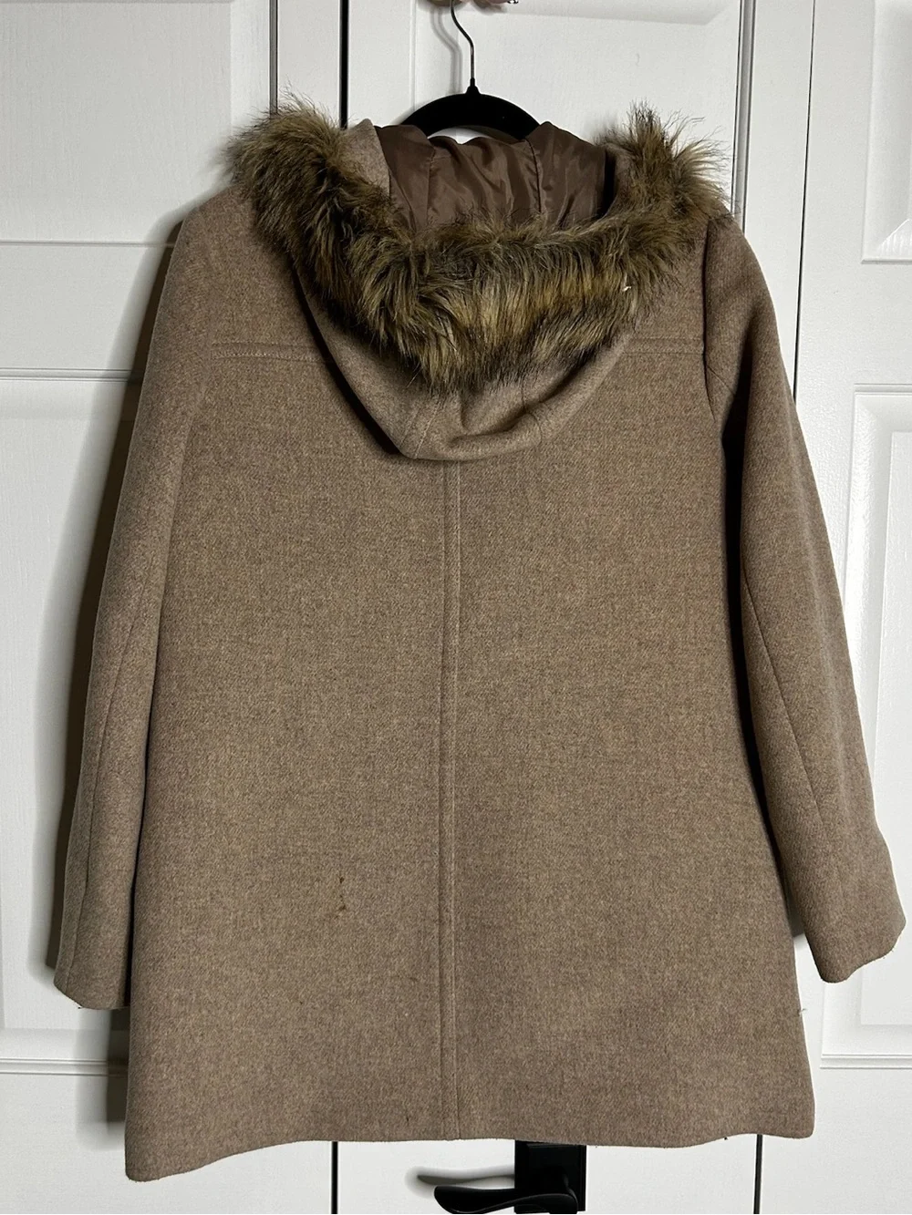 J. Crew Taupe Hooded Wool-Blend Trench Coat with Faux Fur Trim